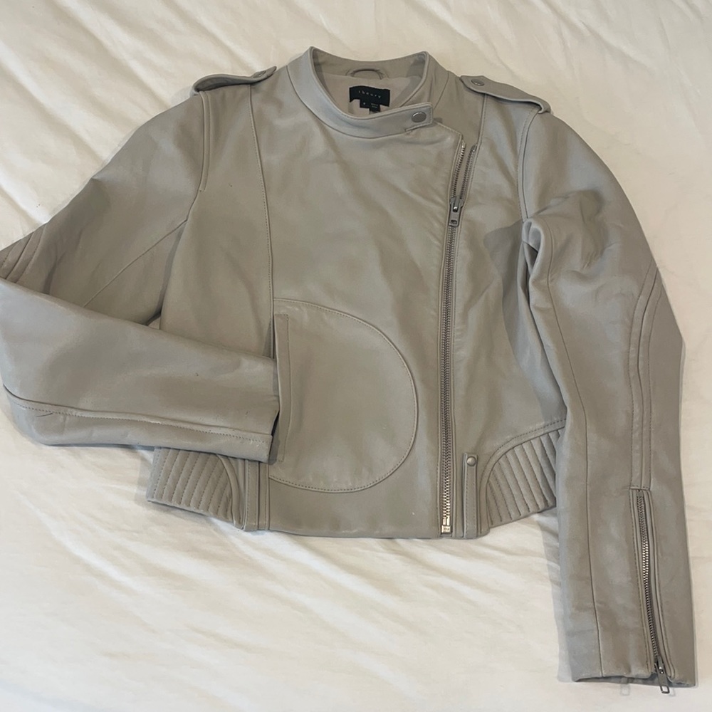 Theory Katiana Moto Leather Jacket -Light Gray, 8